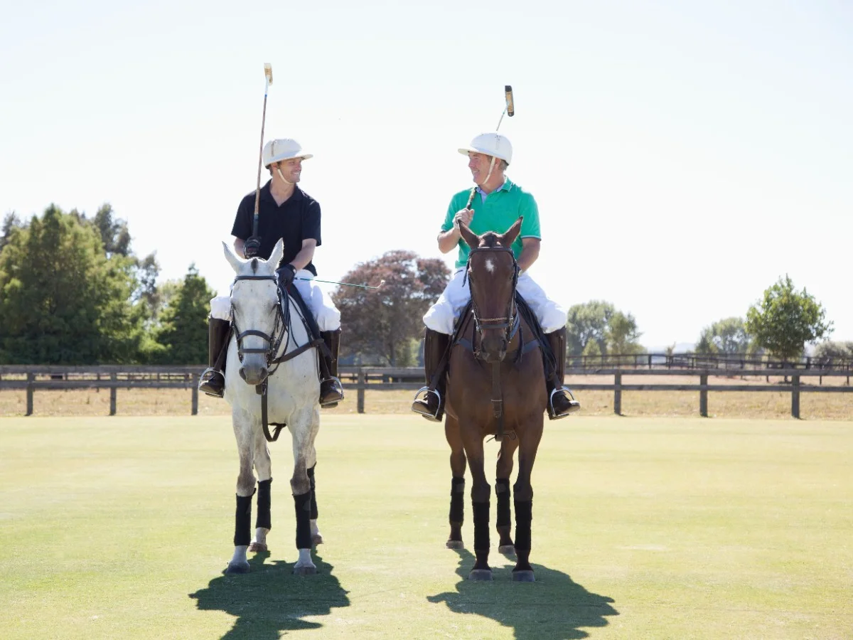 Two men playing polo Two men in polo gear on horseback, holding mallets, on a green polo field under a clear sky.