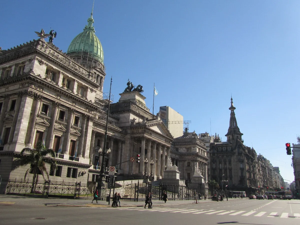 Palacio del Congreso, Buenos Aires Exterior view of the majestic Palacio del Congreso de la Nación Argentina, with its green dome, on a sunny day in Buenos Aires.